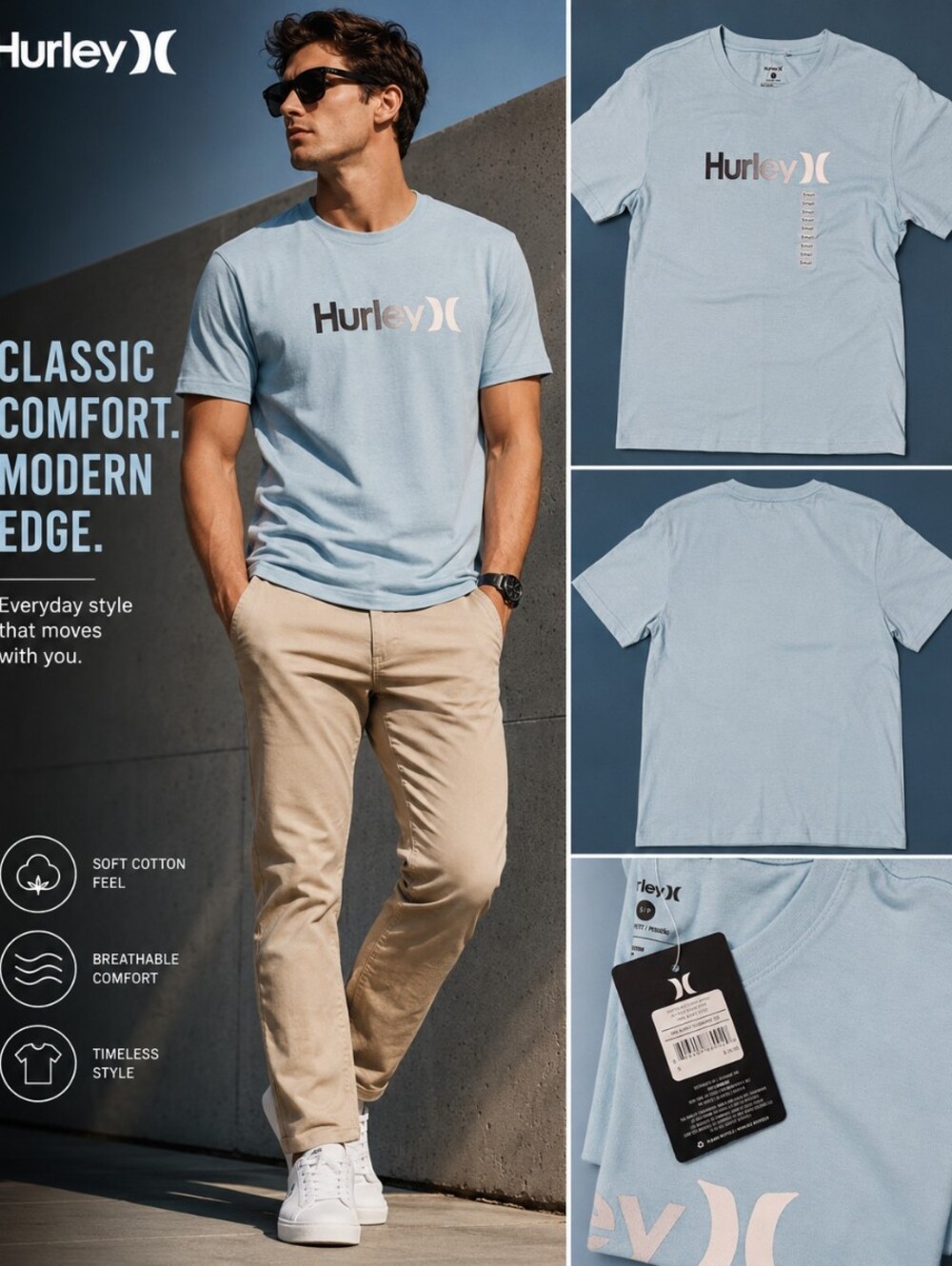 NWT Hurley Light Blue Graphic Tee – Size Small – Classic Logo Front Print